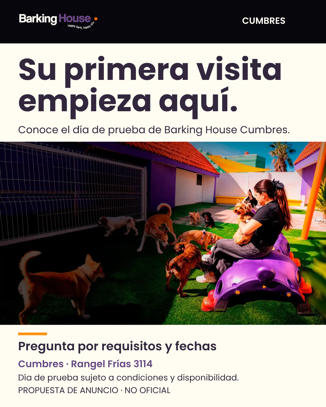 Propuesta de anuncio no oficial para Barking House. Reutiliza el arte del primer post de muestra con etiqueta de anuncio. La campaña no está activa.